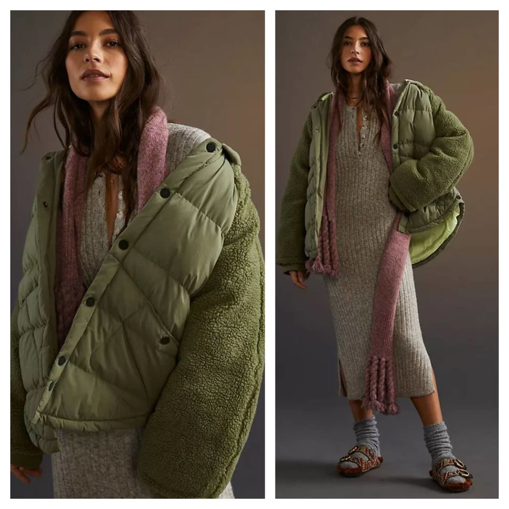 Anthro Olive Green Quilted & Sherpa Puffer Jacket - Women